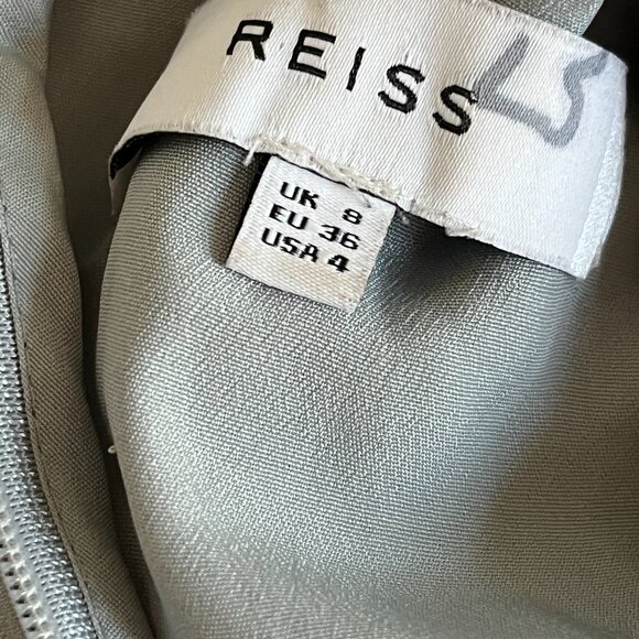 Reiss Dress Sage Green Collar Blue Floral Appliques Tulle Zip Short Sleeve Sz 4 - Picture 2 of 6